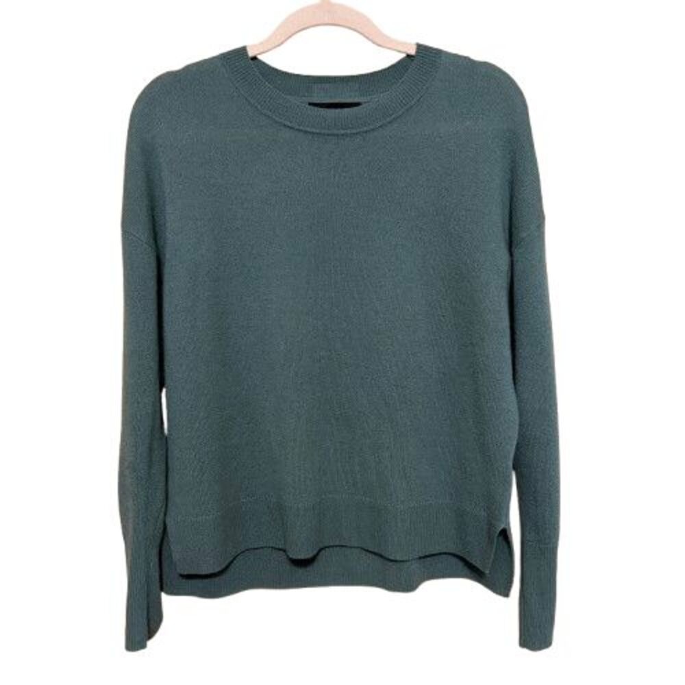 Tahari 100% 2-Ply Cashmere Sweater Women Large Blue Crew Neck Split Hem Pullover